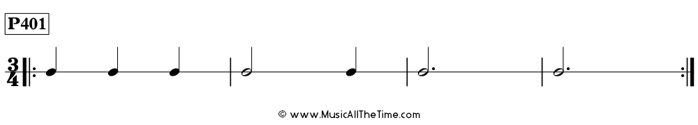 Time Lines Rhythm Pattern P401, with dotted half notes, half notes, and quarter notes in 3/4 time.