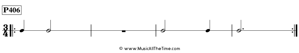 Time Lines Rhythm Pattern P406, with dotted half notes, whole rests, half notes, and quarter notes in 3/4 time.