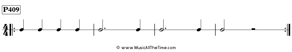 Time Lines Rhythm Pattern P409, with dotted half notes, half notes, half rests, and quarter notes in 4/4 time.
