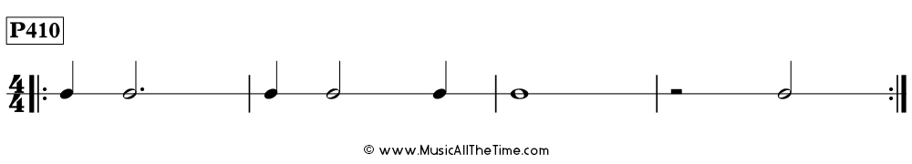 Time Lines Rhythm Pattern P410, with whole notes, dotted half notes, half notes, half rests, and quarter notes in 4/4 time.