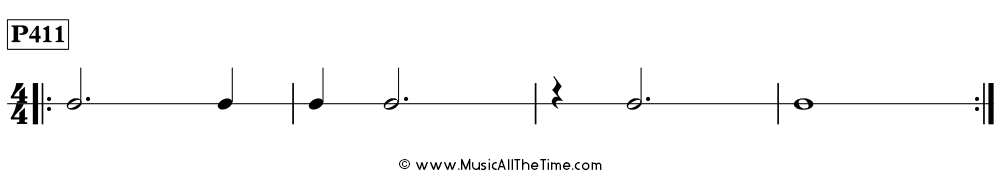 Time Lines Rhythm Pattern P411, with whole notes, dotted half notes, quarter notes, and quarter rests in 4/4 time.