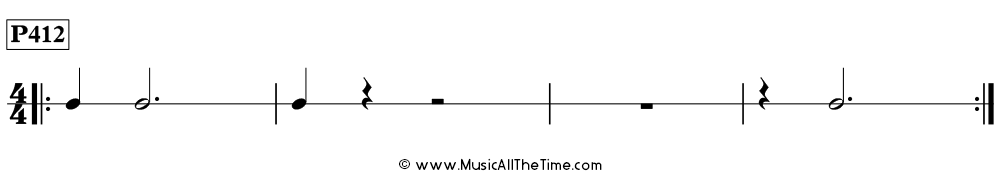 Time Lines Rhythm Pattern P412, with whole rests, dotted half notes, half rests, quarter notes, and quarter rests in 4/4 time.