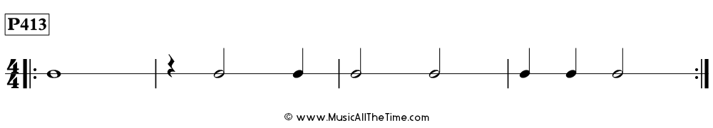 Time Lines Rhythm Pattern P413, with whole notes, half notes, quarter notes, and quarter rests in 4/4 time.