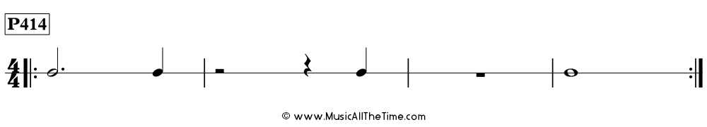 Time Lines Rhythm Pattern P414, with whole notes, whole rests, dotted half notes, half rests, quarter notes, and quarter rests in 4/4 time.