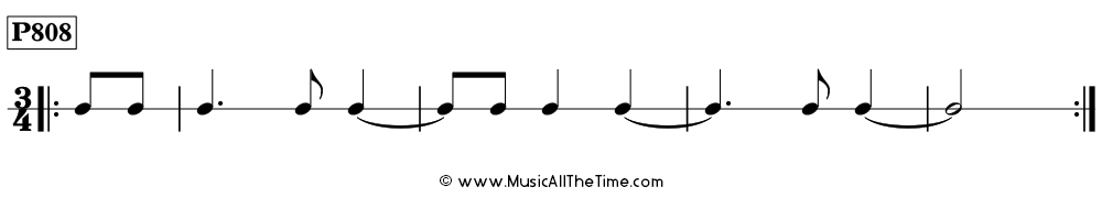 Time Lines Rhythm Pattern P808, with ties over measure lines and  pickup notes in 3/4 time.